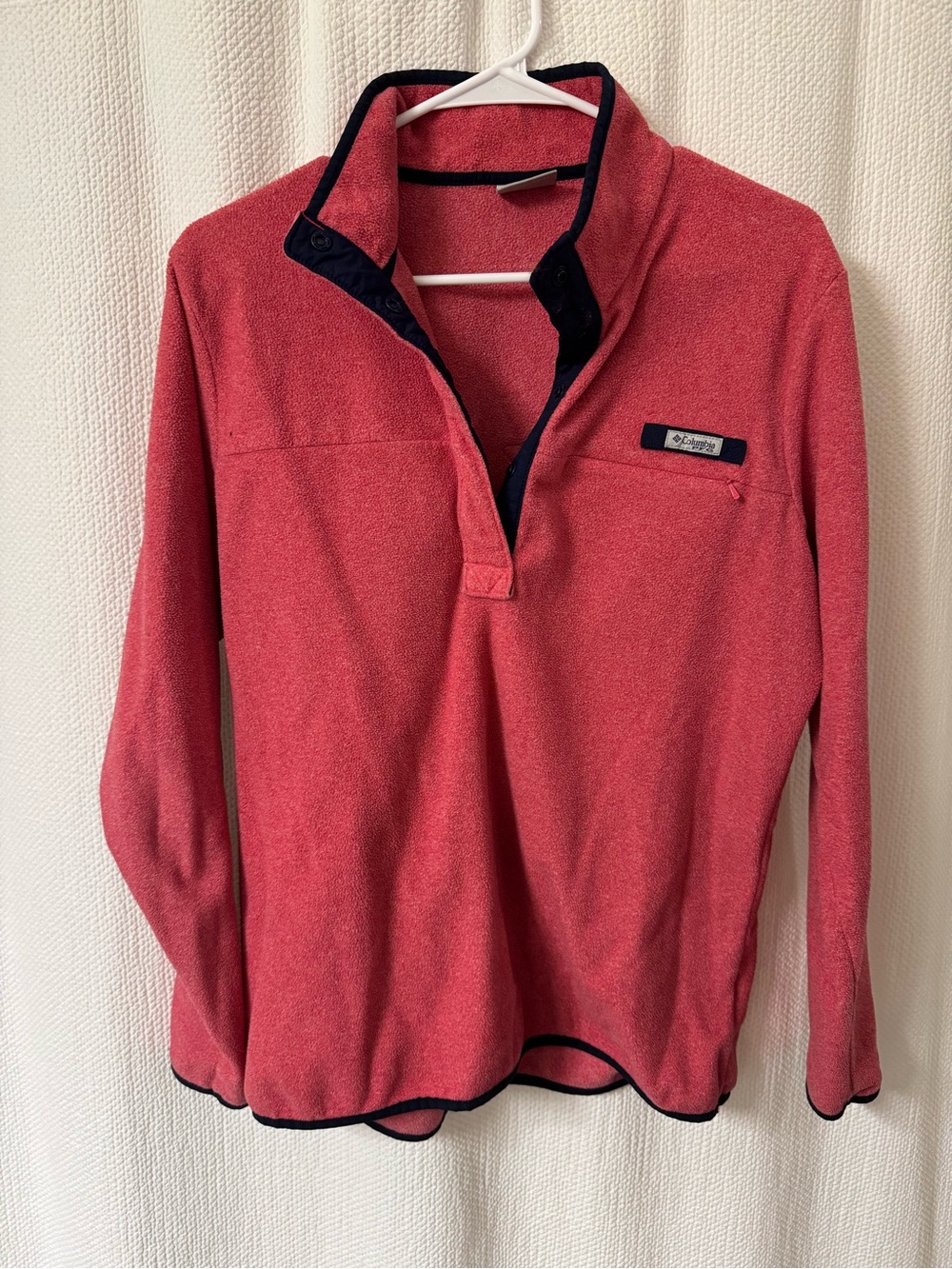 Columbia Coral Pink Snap-Front Fleece Pullover with Navy Trim